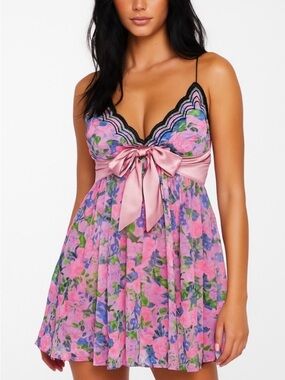 For Love And Lemons Odette Floral Lace-Trim Satin-Bow Slip Dress